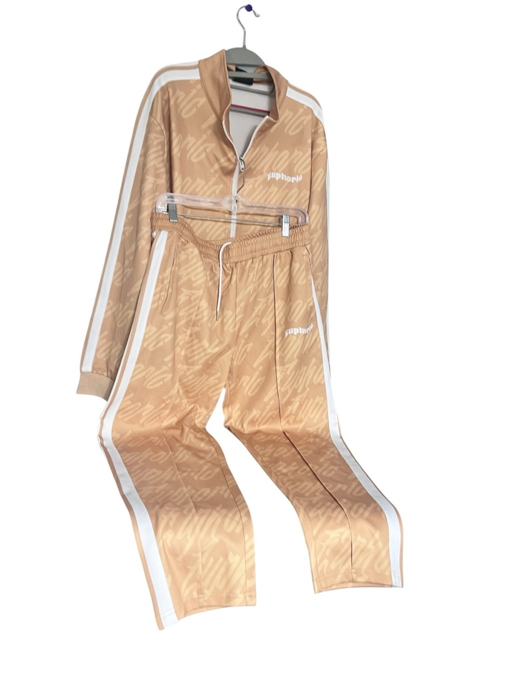 Tan Two-Piece Track Set with White Side Stripes